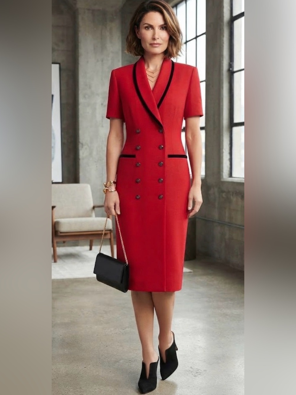 Vintage Danny & Nicole Red Midi Double-Breasted Coat Dress with Black Trim